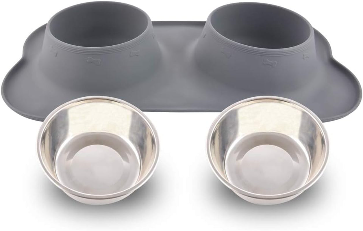 Dog Bowls with Mat, Cat Water Food Bowl Set (13.5Oz Each) in No Spill Silicone Mat, Dual Pet Feeder