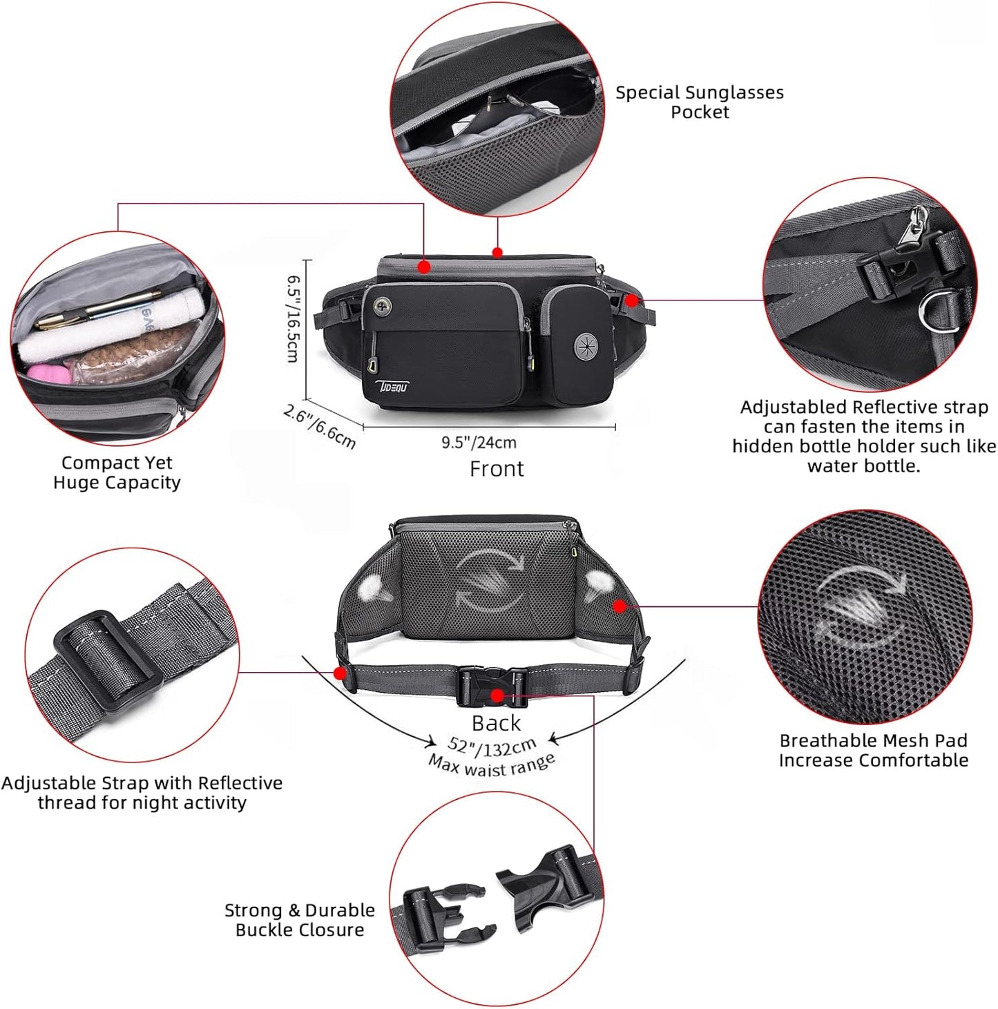 4-In-1 Hands Free Dog Leash with Waist Bag,5.8Ft Dog Running Leash,Adjustable Waist Belt for Walking Training Hiking Jogging Biking,Car Seat Belt Buckle,Reflective Stitches