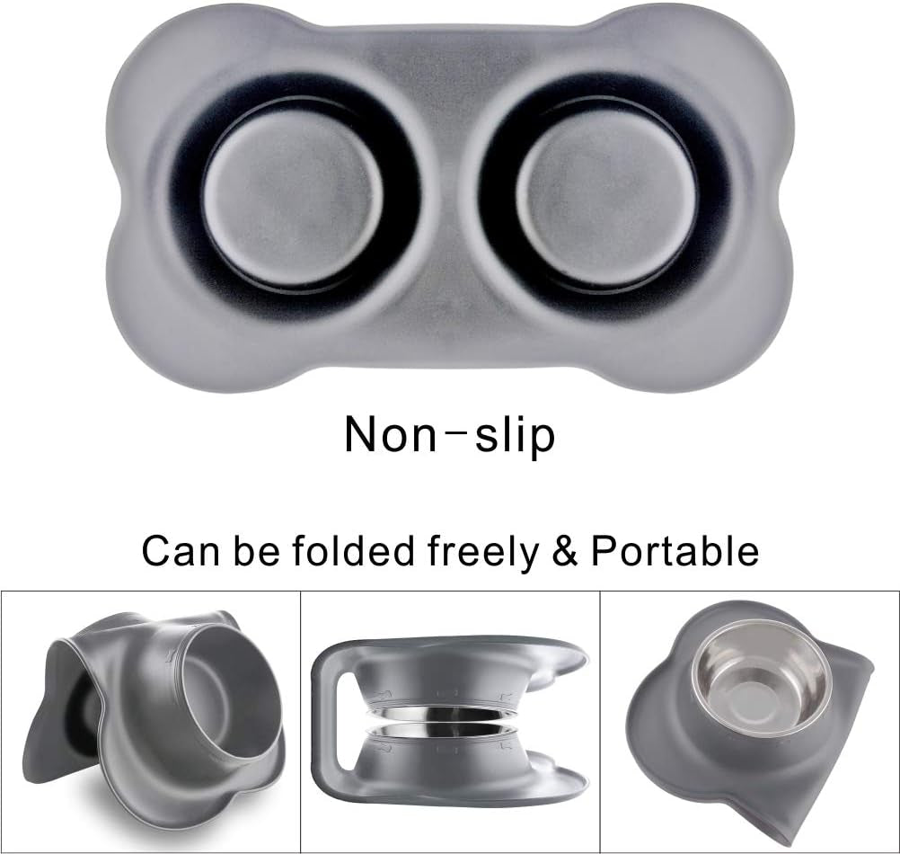 Dog Bowls with Mat, Cat Water Food Bowl Set (13.5Oz Each) in No Spill Silicone Mat, Dual Pet Feeder