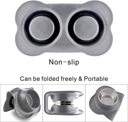 Dog Bowls with Mat, Cat Water Food Bowl Set (13.5Oz Each) in No Spill Silicone Mat, Dual Pet Feeder