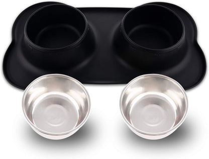 Dog Bowls with Mat, Dog Water Food Bowl Set (26.5Oz Each), No Spill Dual Pet Feeder Stainless Steel Bowl in Silicone Mat for Medium Sized Dogs