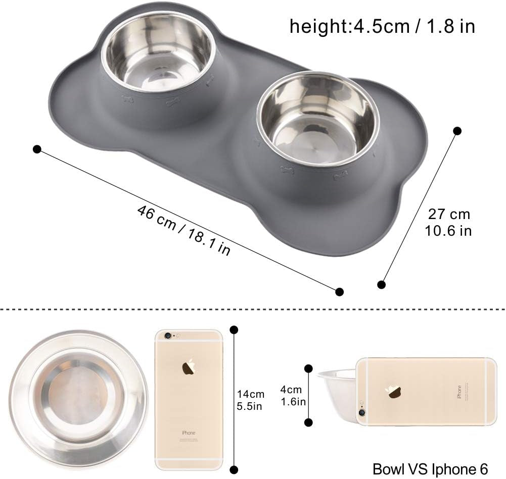 Dog Bowls with Mat, Cat Water Food Bowl Set (13.5Oz Each) in No Spill Silicone Mat, Dual Pet Feeder