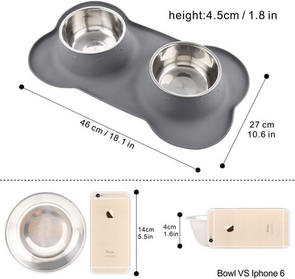 Dog Bowls with Mat, Cat Water Food Bowl Set (13.5Oz Each) in No Spill Silicone Mat, Dual Pet Feeder