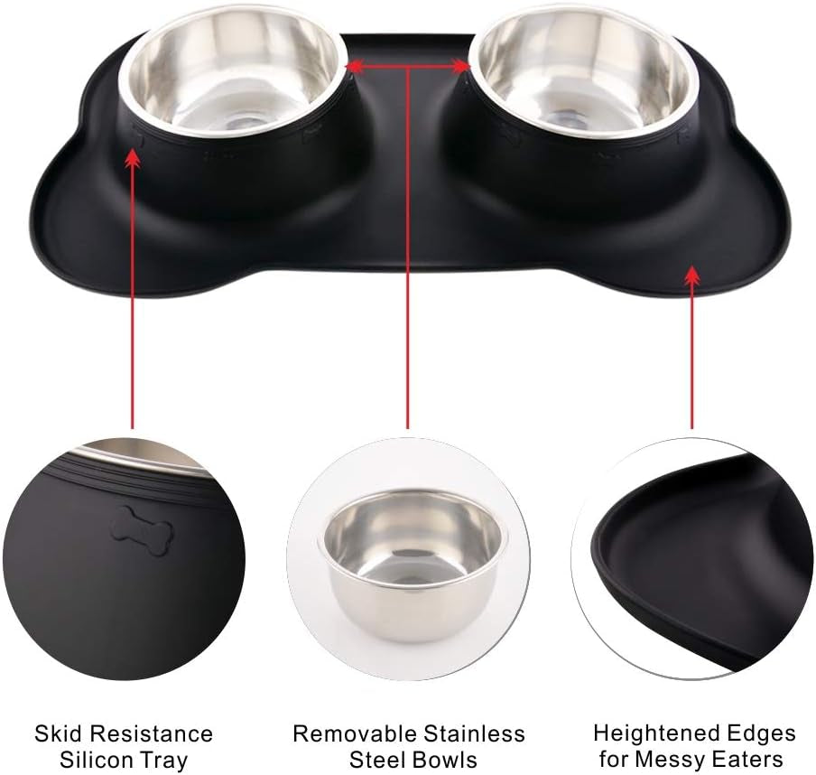 Dog Bowls with Mat, Dog Water Food Bowl Set (26.5Oz Each), No Spill Dual Pet Feeder Stainless Steel Bowl in Silicone Mat for Medium Sized Dogs