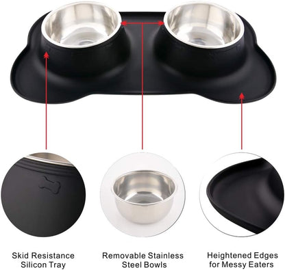 Dog Bowls with Mat, Dog Water Food Bowl Set (26.5Oz Each), No Spill Dual Pet Feeder Stainless Steel Bowl in Silicone Mat for Medium Sized Dogs