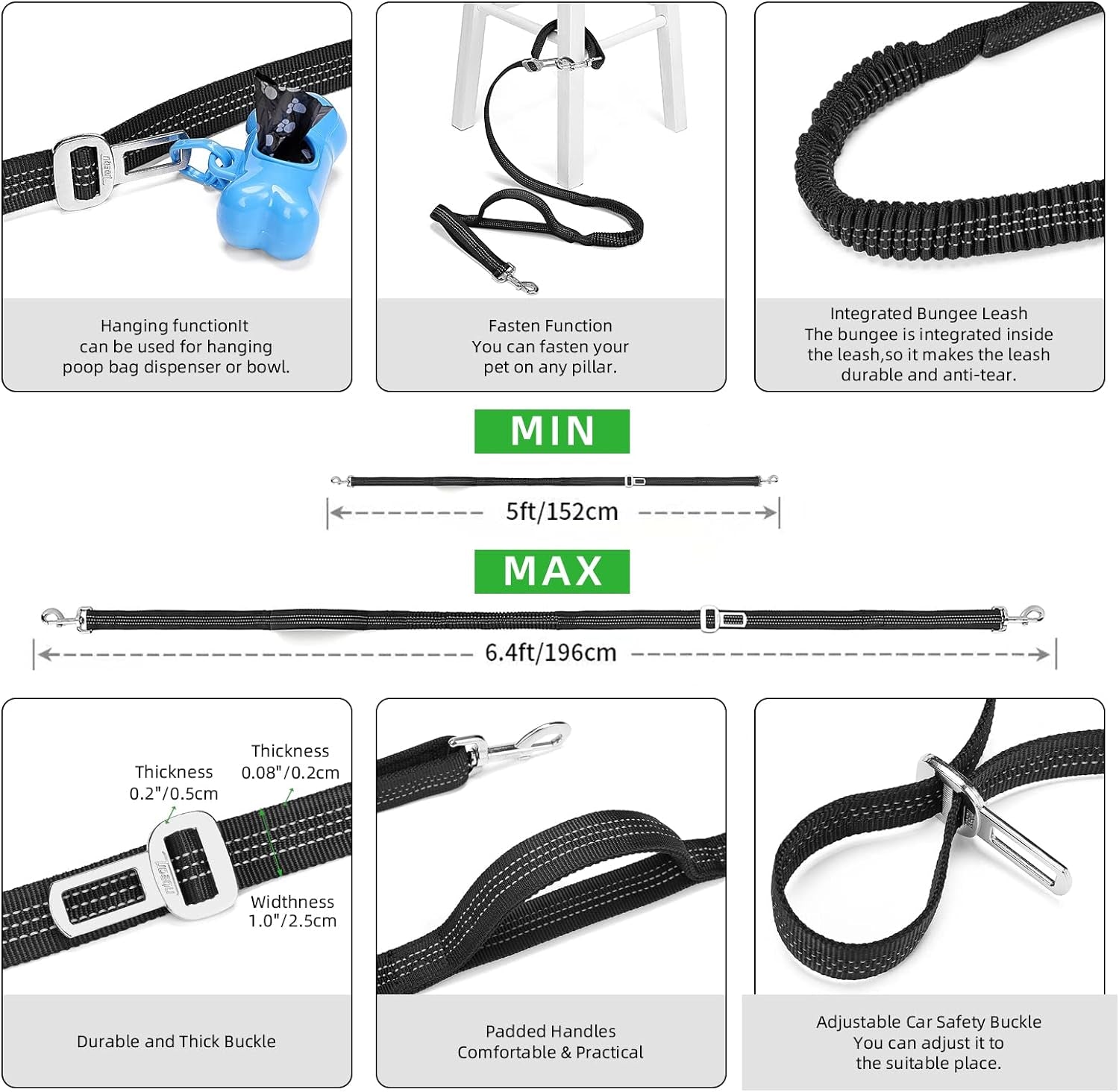 4-In-1 Hands Free Dog Leash with Waist Bag,5.8Ft Dog Running Leash,Adjustable Waist Belt for Walking Training Hiking Jogging Biking,Car Seat Belt Buckle,Reflective Stitches
