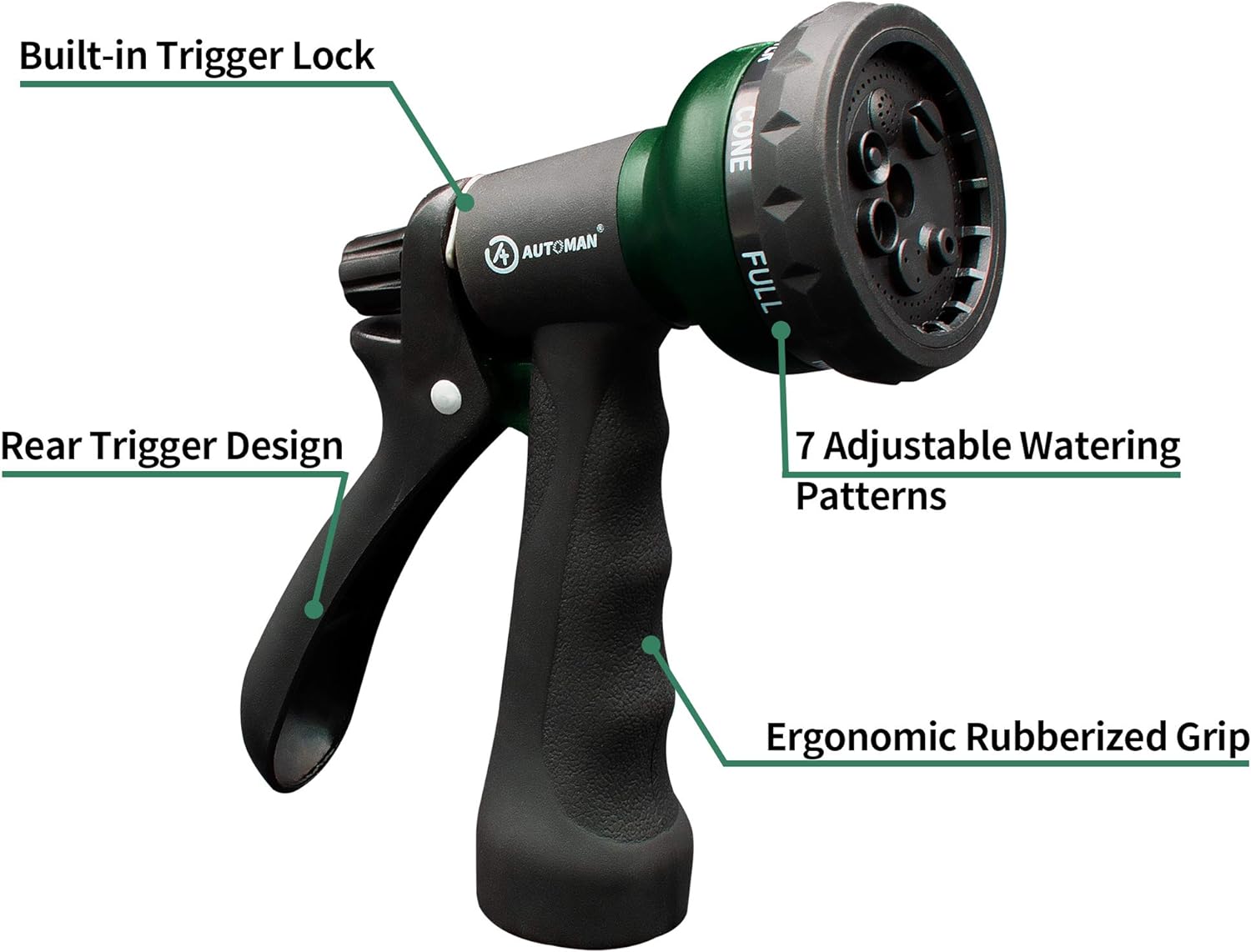 Garden-Hose-Nozzle with 7 Adjustable Watering Patterns,  Showering Pets & Outdoor Fun.
