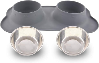 Dog Bowls with Mat, Cat Water Food Bowl Set (13.5Oz Each) in No Spill Silicone Mat, Dual Pet Feeder