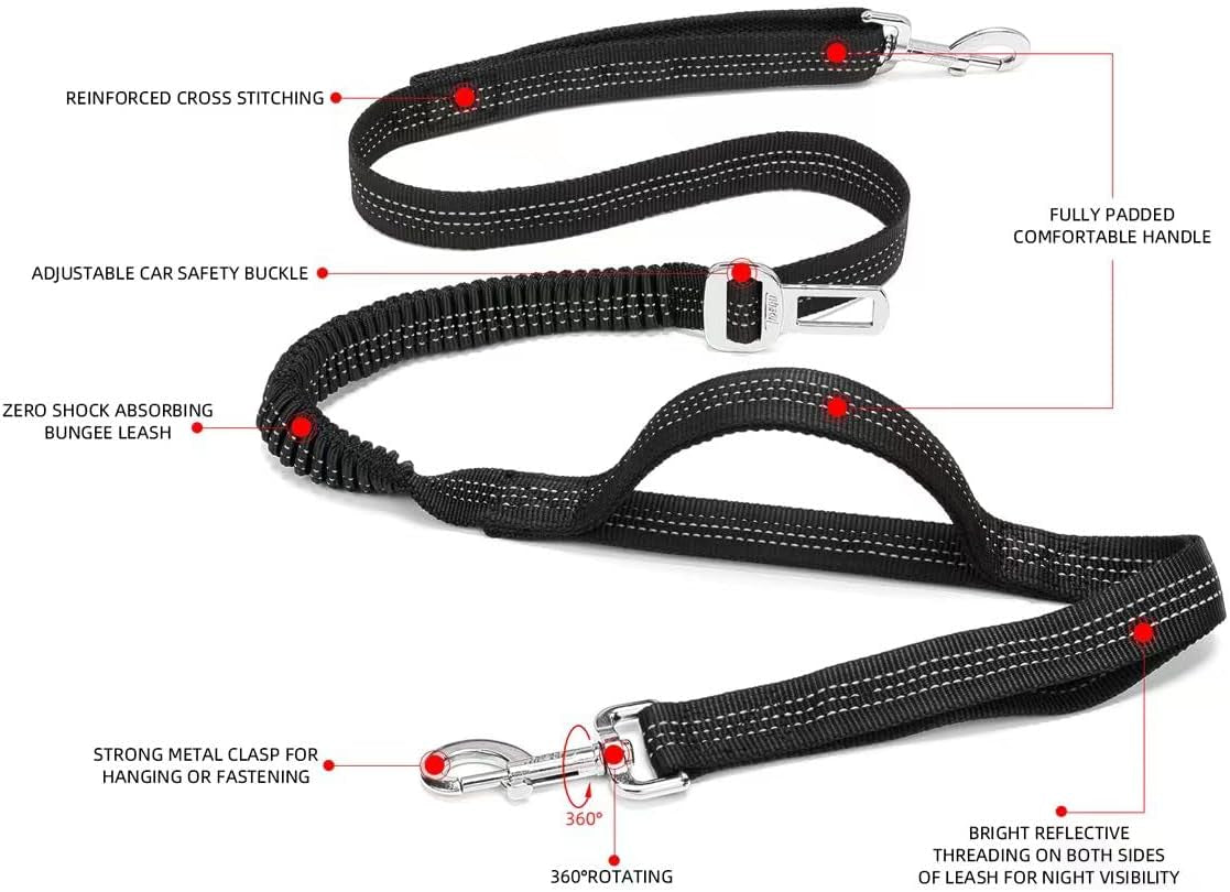 4-In-1 Hands Free Dog Leash with Waist Bag,5.8Ft Dog Running Leash,Adjustable Waist Belt for Walking Training Hiking Jogging Biking,Car Seat Belt Buckle,Reflective Stitches