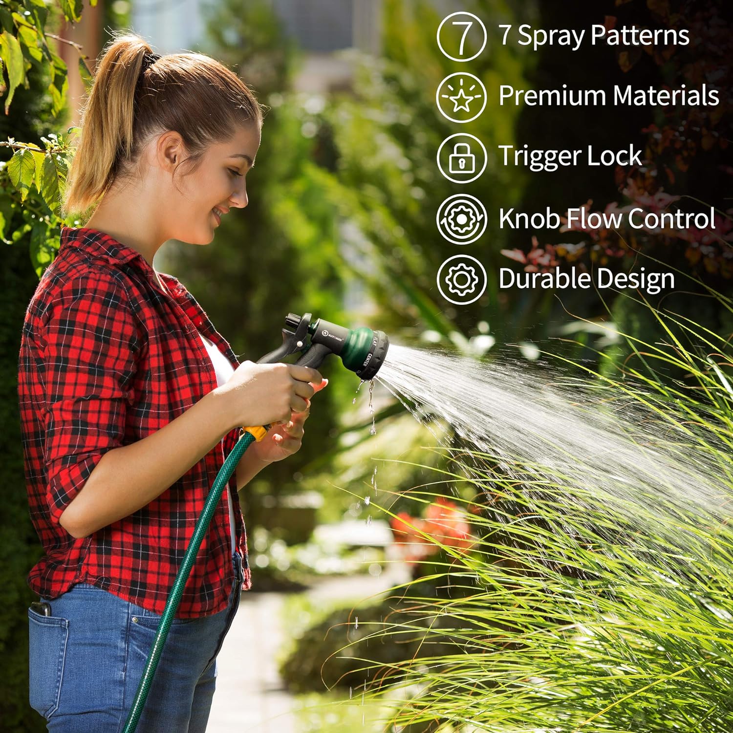 Garden-Hose-Nozzle with 7 Adjustable Watering Patterns,  Showering Pets & Outdoor Fun.
