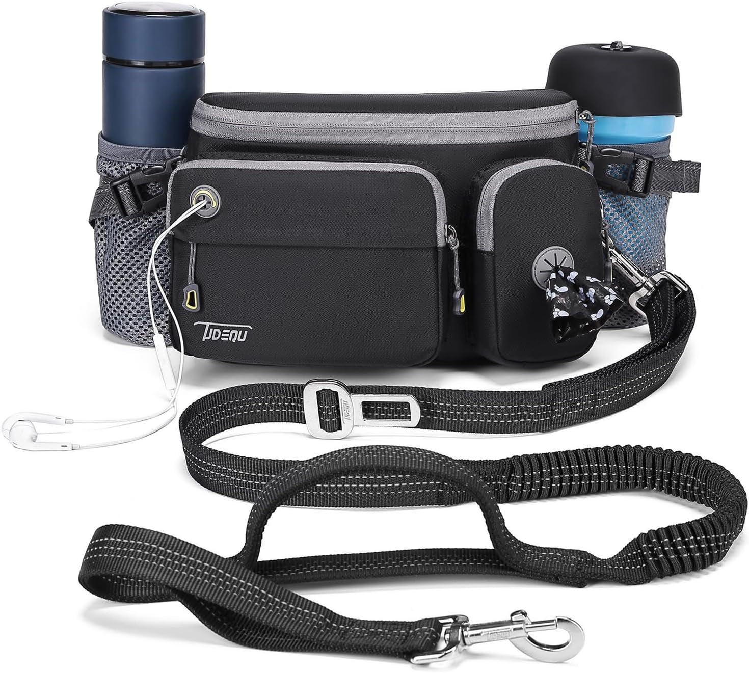 4-In-1 Hands Free Dog Leash with Waist Bag,5.8Ft Dog Running Leash,Adjustable Waist Belt for Walking Training Hiking Jogging Biking,Car Seat Belt Buckle,Reflective Stitches