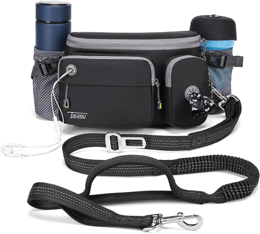 4-In-1 Hands Free Dog Leash with Waist Bag,5.8Ft Dog Running Leash,Adjustable Waist Belt for Walking Training Hiking Jogging Biking,Car Seat Belt Buckle,Reflective Stitches