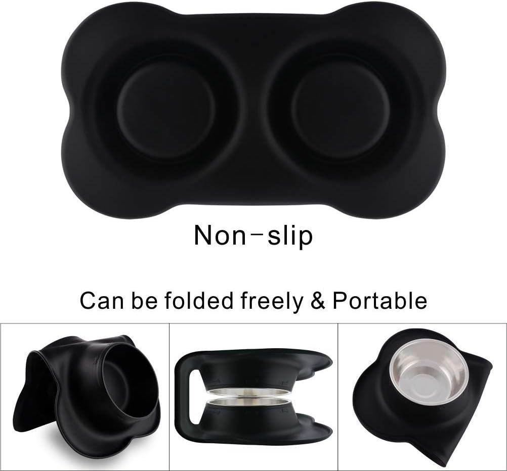 Dog Bowls with Mat, Dog Water Food Bowl Set (26.5Oz Each), No Spill Dual Pet Feeder Stainless Steel Bowl in Silicone Mat for Medium Sized Dogs