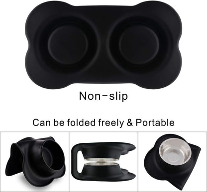 Dog Bowls with Mat, Dog Water Food Bowl Set (26.5Oz Each), No Spill Dual Pet Feeder Stainless Steel Bowl in Silicone Mat for Medium Sized Dogs