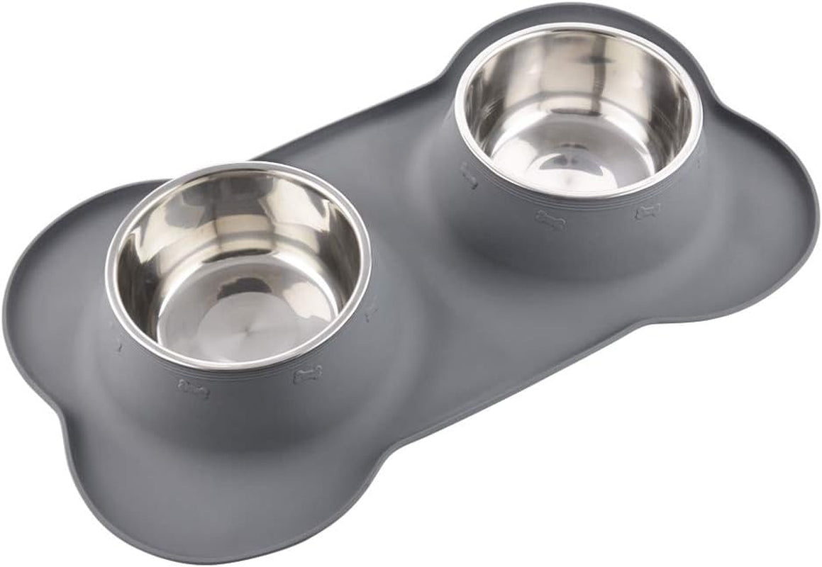 Dog Bowls with Mat, Cat Water Food Bowl Set (13.5Oz Each) in No Spill Silicone Mat, Dual Pet Feeder