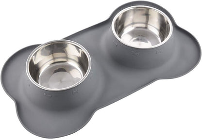 Dog Bowls with Mat, Cat Water Food Bowl Set (13.5Oz Each) in No Spill Silicone Mat, Dual Pet Feeder