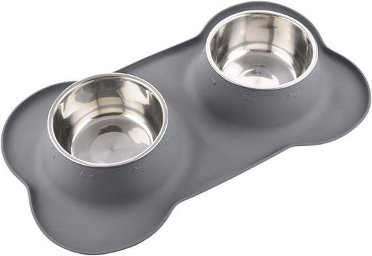 Dog Bowls with Mat, Cat Water Food Bowl Set (13.5Oz Each) in No Spill Silicone Mat, Dual Pet Feeder