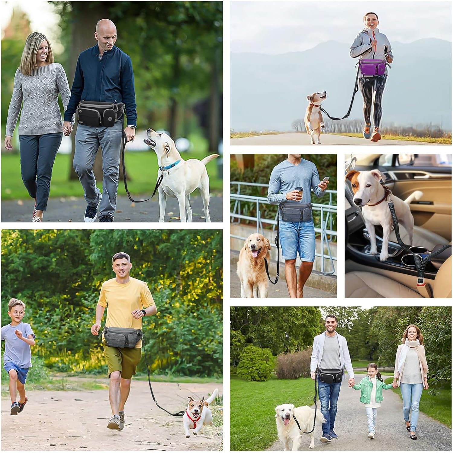 4-In-1 Hands Free Dog Leash with Waist Bag,5.8Ft Dog Running Leash,Adjustable Waist Belt for Walking Training Hiking Jogging Biking,Car Seat Belt Buckle,Reflective Stitches