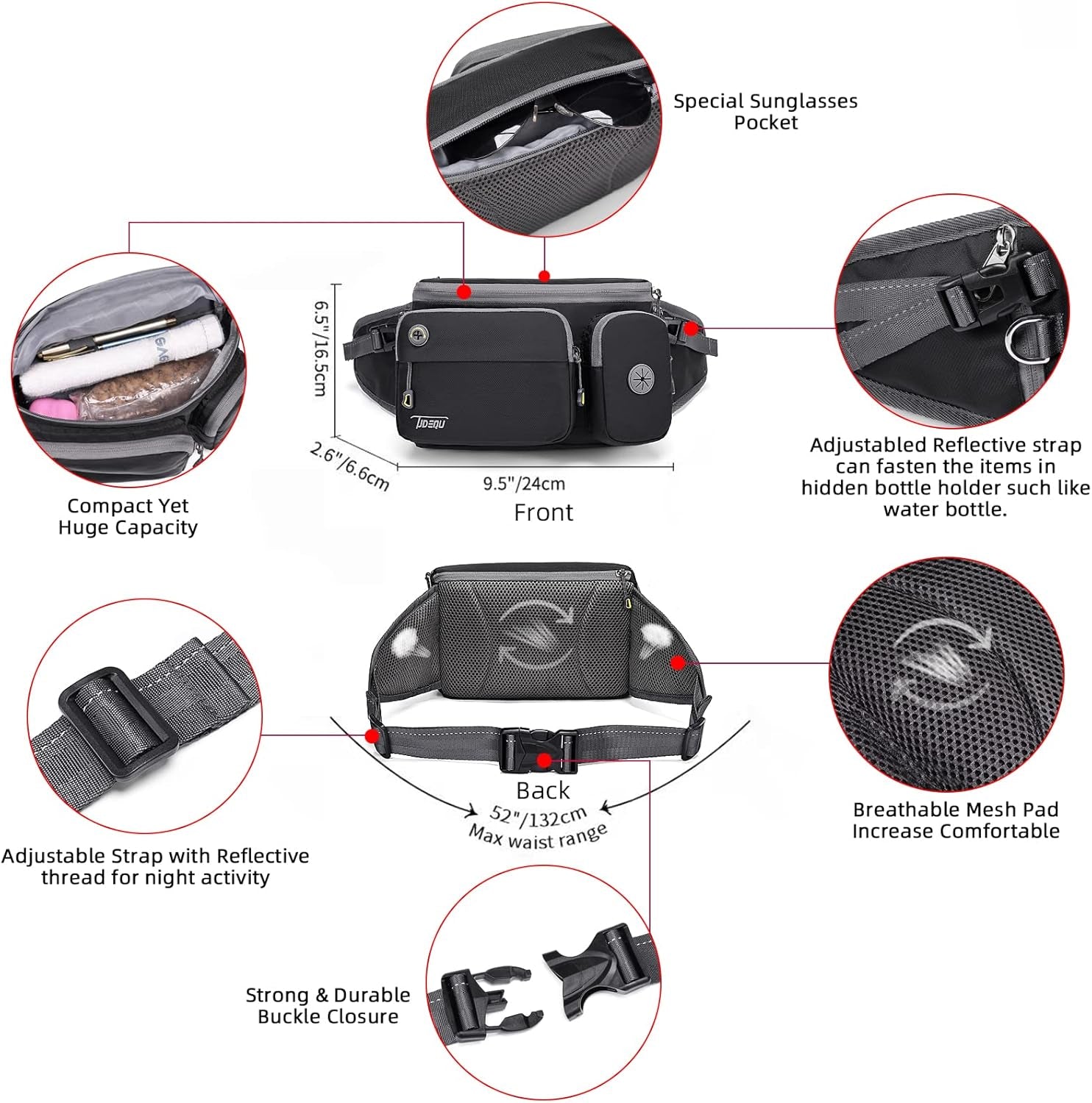 4-In-1 Hands Free Dog Leash with Waist Bag,5.8Ft Dog Running Leash,Adjustable Waist Belt for Walking Training Hiking Jogging Biking,Car Seat Belt Buckle,Reflective Stitches