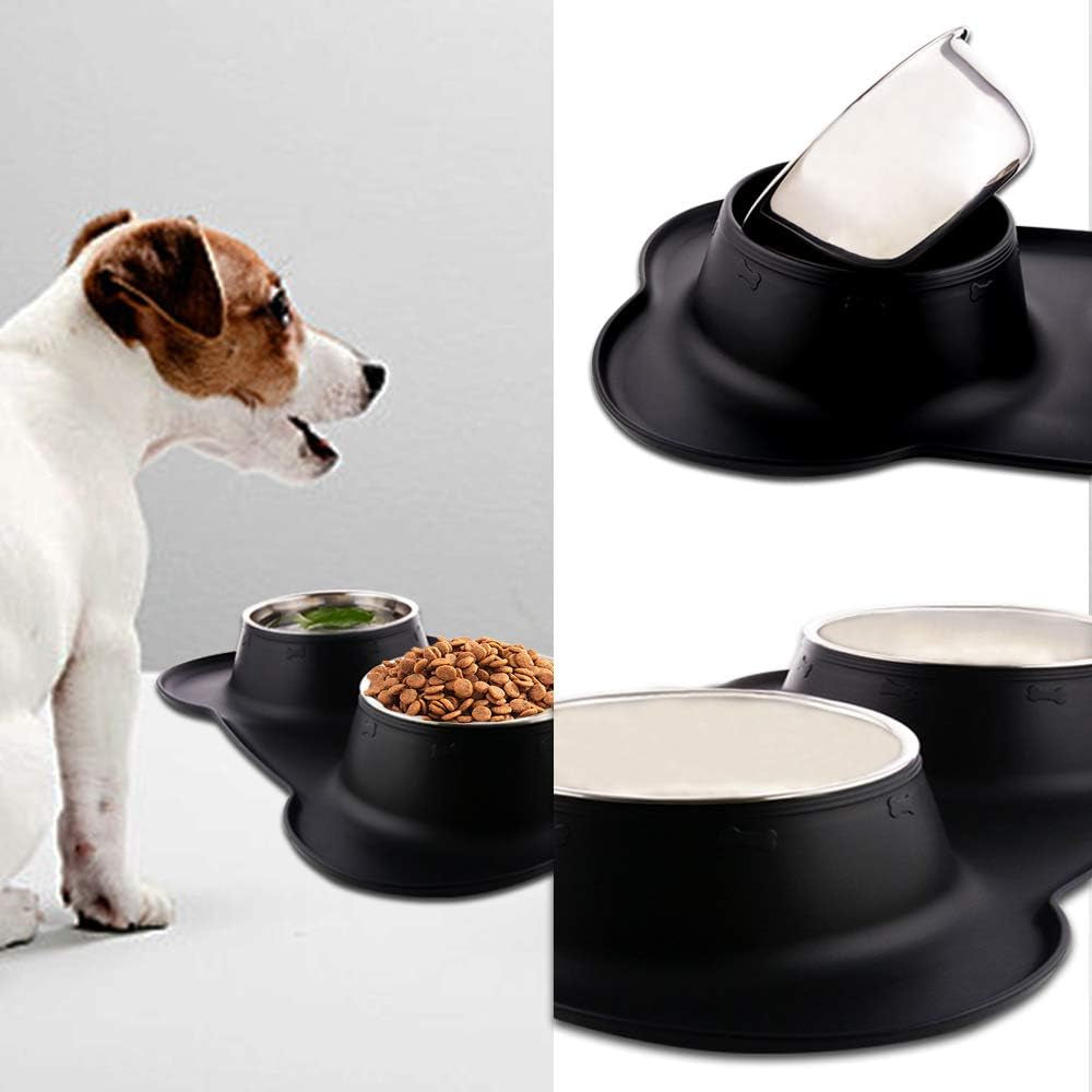 Dog Bowls with Mat, Dog Water Food Bowl Set (26.5Oz Each), No Spill Dual Pet Feeder Stainless Steel Bowl in Silicone Mat for Medium Sized Dogs
