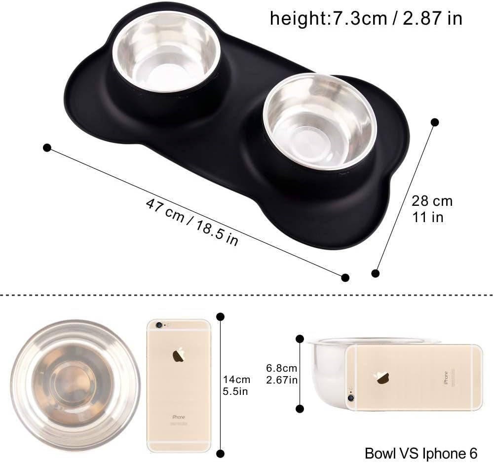 Dog Bowls with Mat, Dog Water Food Bowl Set (26.5Oz Each), No Spill Dual Pet Feeder Stainless Steel Bowl in Silicone Mat for Medium Sized Dogs