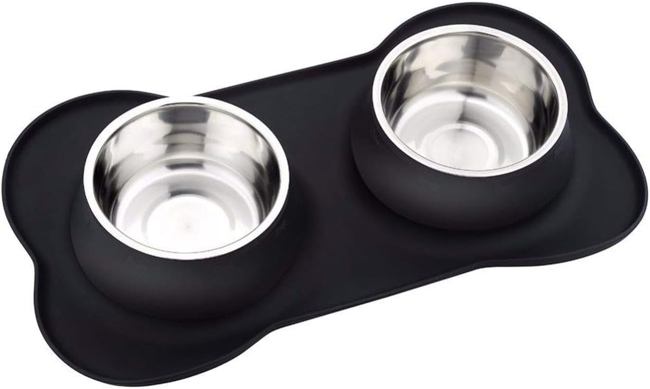 Dog Bowls with Mat, Dog Water Food Bowl Set (26.5Oz Each), No Spill Dual Pet Feeder Stainless Steel Bowl in Silicone Mat for Medium Sized Dogs