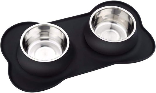 Dog Bowls with Mat, Dog Water Food Bowl Set (26.5Oz Each), No Spill Dual Pet Feeder Stainless Steel Bowl in Silicone Mat for Medium Sized Dogs