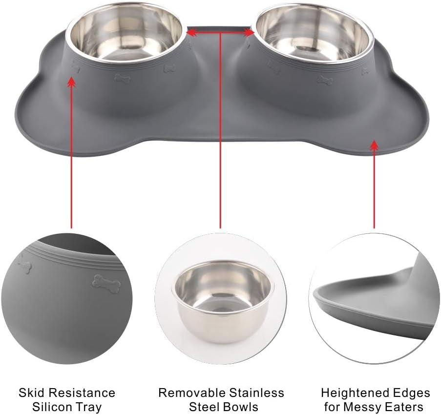 Dog Bowls with Mat, Cat Water Food Bowl Set (13.5Oz Each) in No Spill Silicone Mat, Dual Pet Feeder