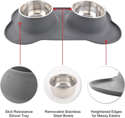 Dog Bowls with Mat, Cat Water Food Bowl Set (13.5Oz Each) in No Spill Silicone Mat, Dual Pet Feeder
